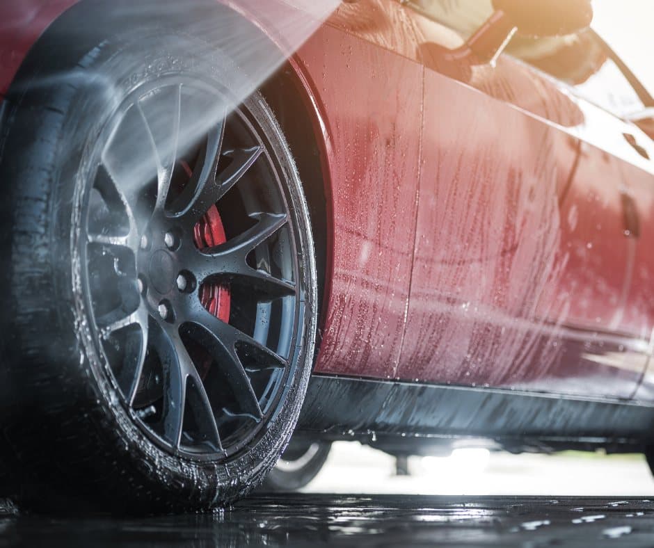 A clean wheel and tire at sunset